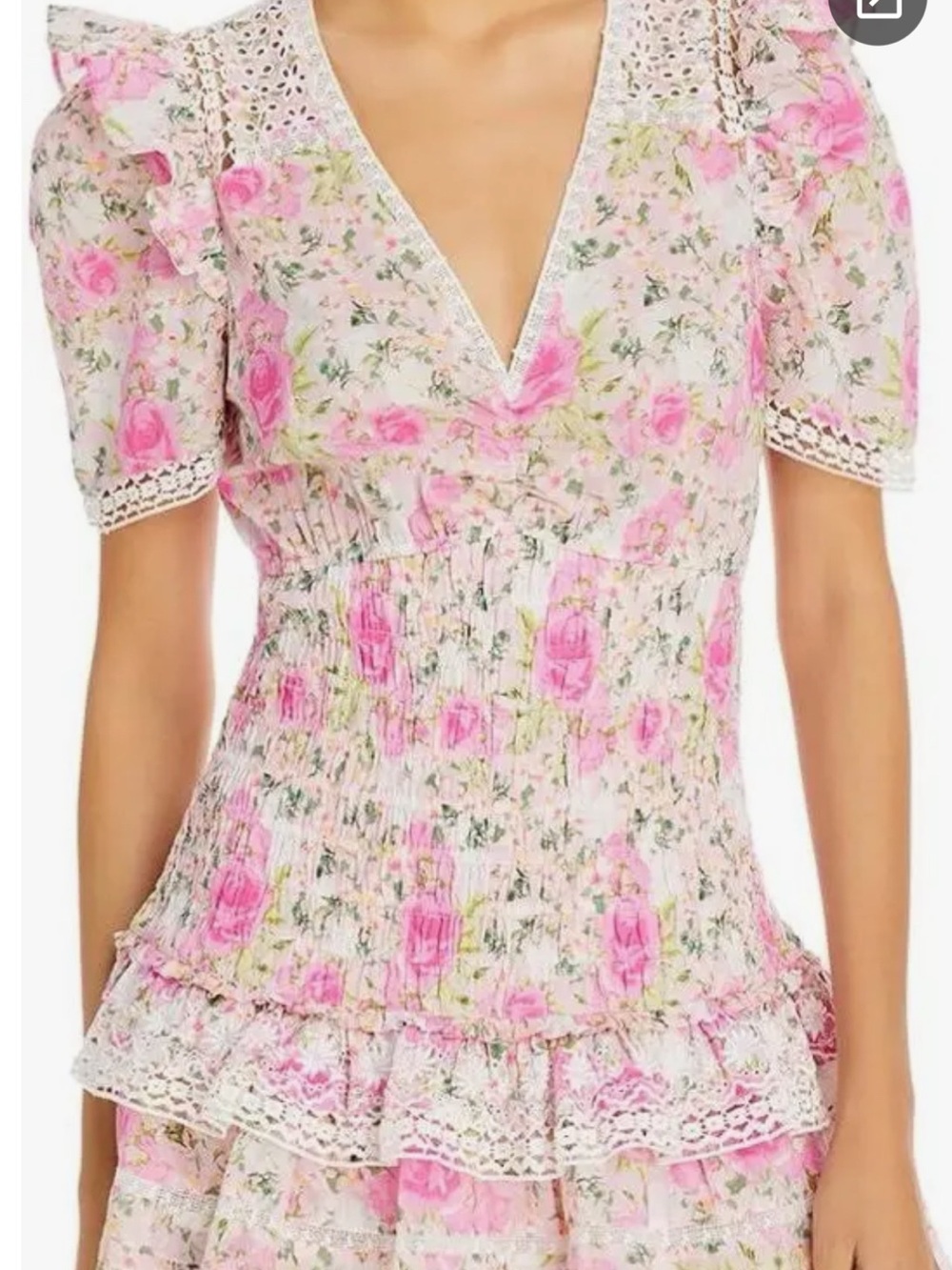LoveShackFancy Pink Rose-Print Lace Trim V-Neck Top
